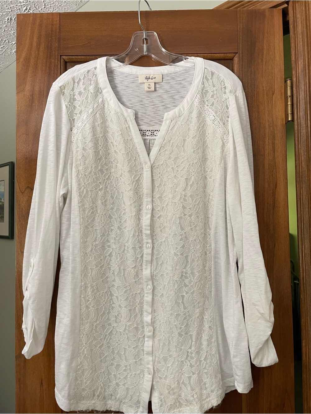 Style & Co. White Lace Front Button-Down Long Sleeve Shirt